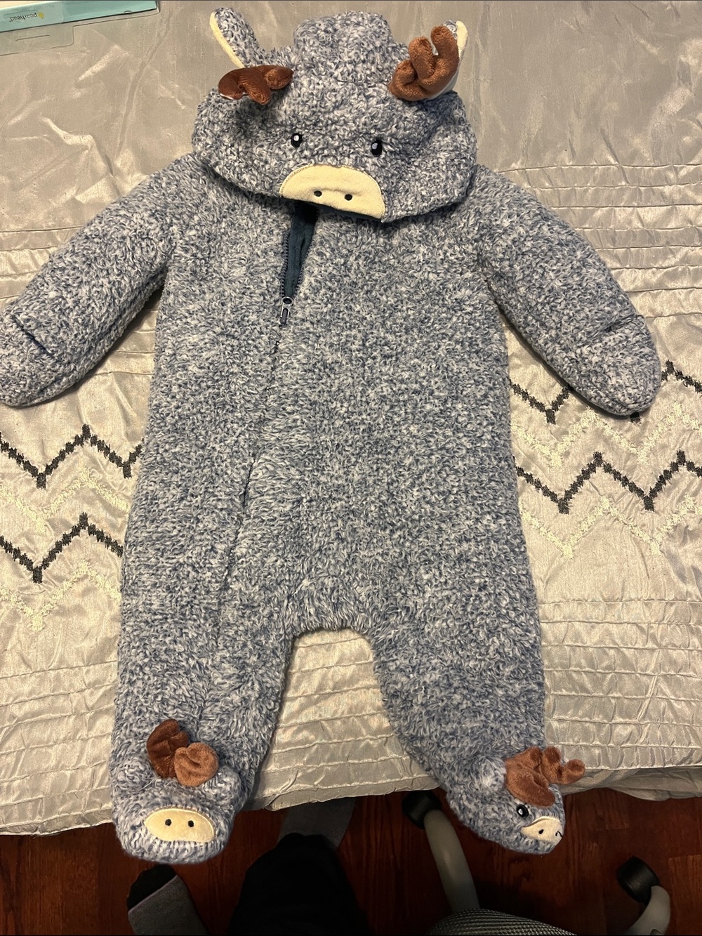 Plush Blue Moose Hooded Baby One-Piece Footie